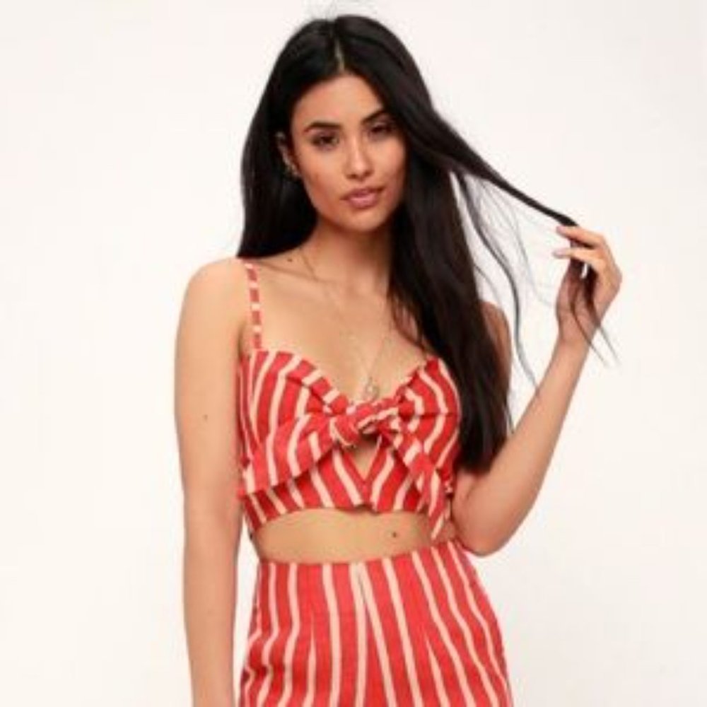 NWT Faithfull The Brand De Fiori Coral Red Striped Tie Front Crop Top US 2 XS